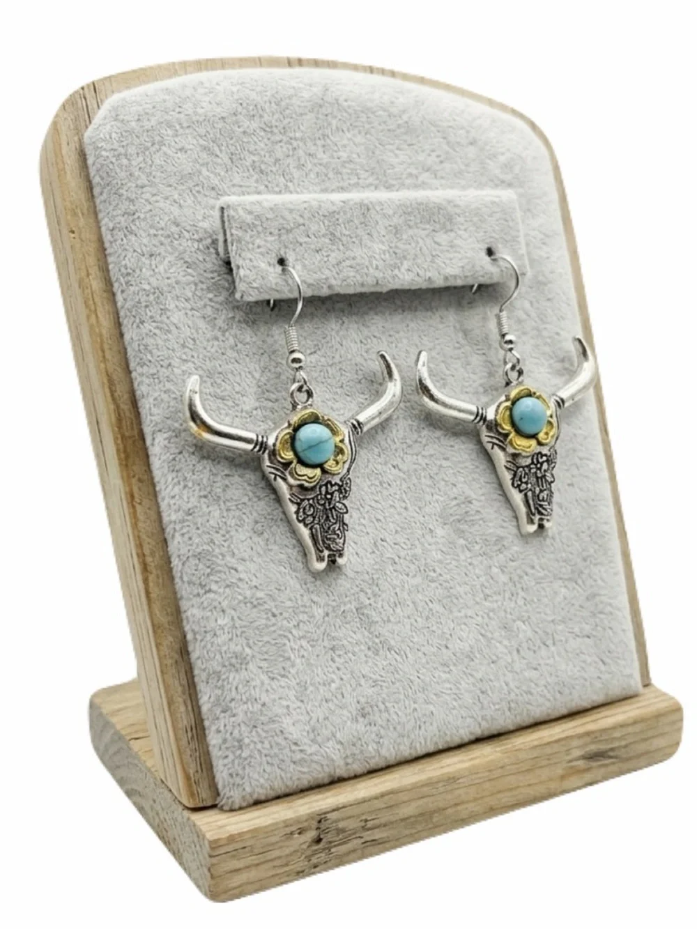 New S925 Sterling Silver Natural Turquoise Southwest Floral Bull Head Earrings